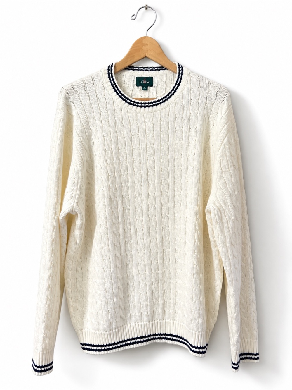 J. CREW Heritage cotton tipped cable-knit sweater Ivory Navy Stripe XL